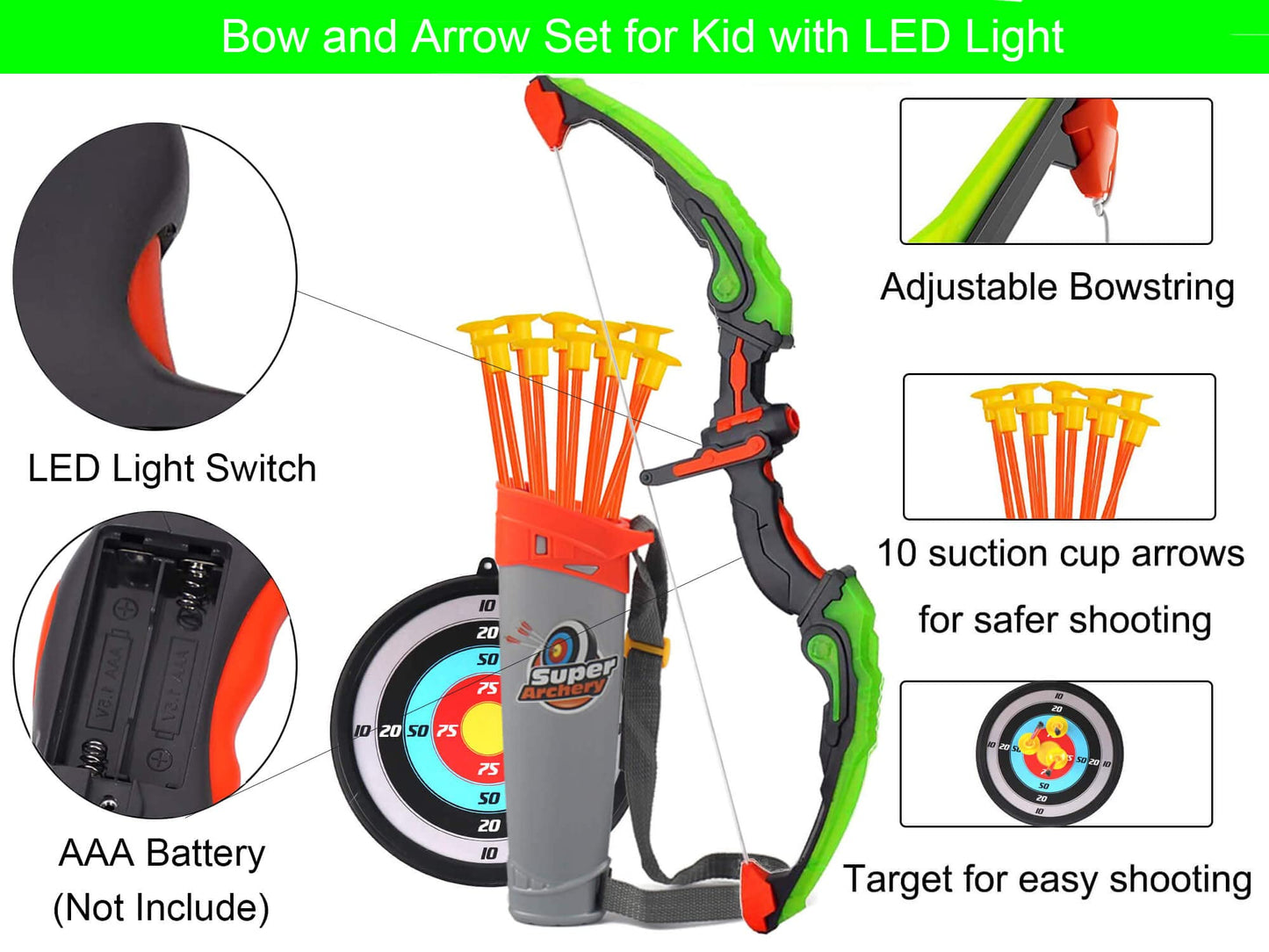 AUVIM Archery Set bow and arrow set for kids with LED lights. Includes 1 target, 10 suction cup arrows, and 1 arrow holder. Toy bow set for boys and girls ages 6 and up. Perfect for outdoor and indoor play.