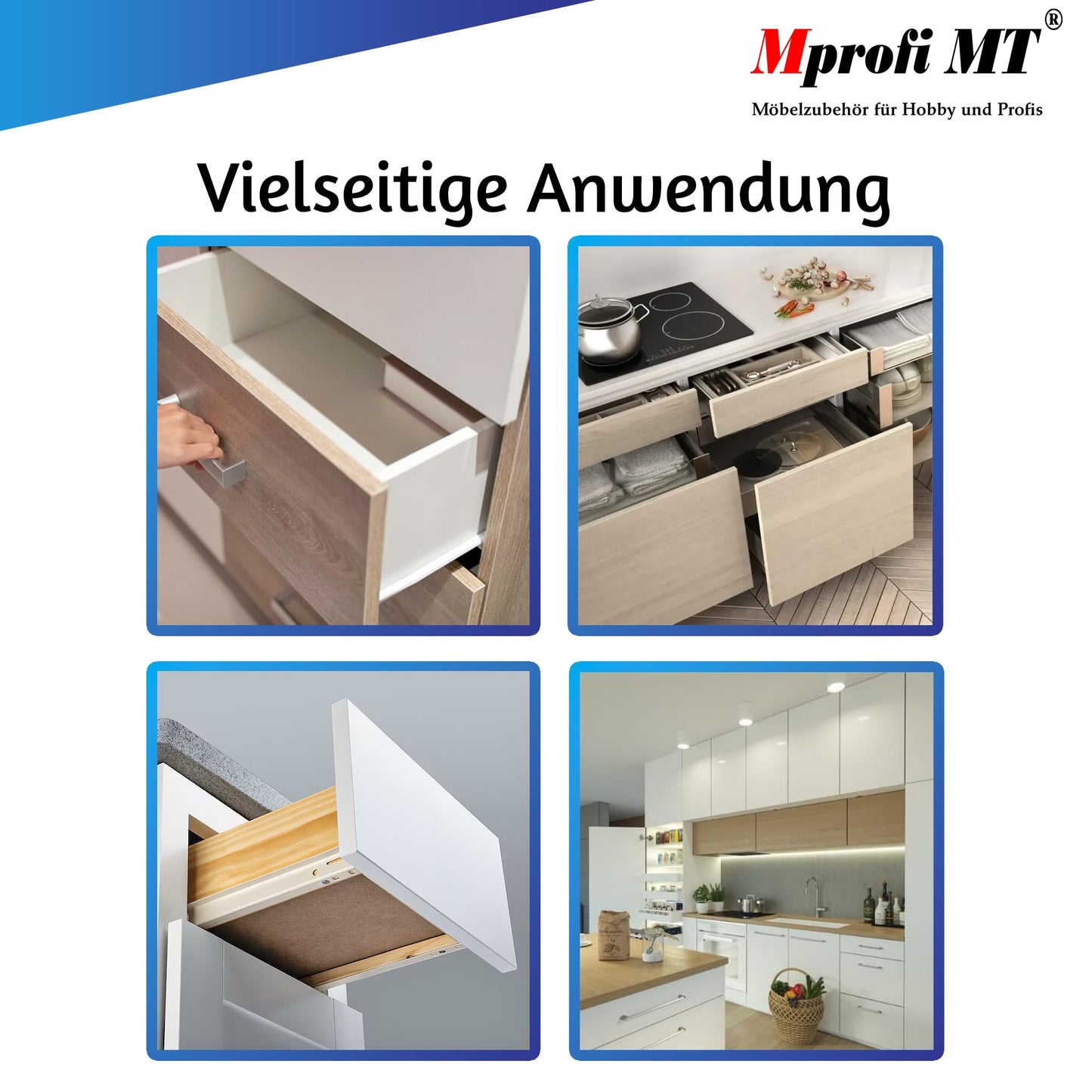 Mprofi MT® 20 pieces, 10 pairs | Drawer slides partial extension | 550mm length | Robust steel drawer slide | 30 kg load capacity | Easy installation for furniture & cabinets | White | VB550/10