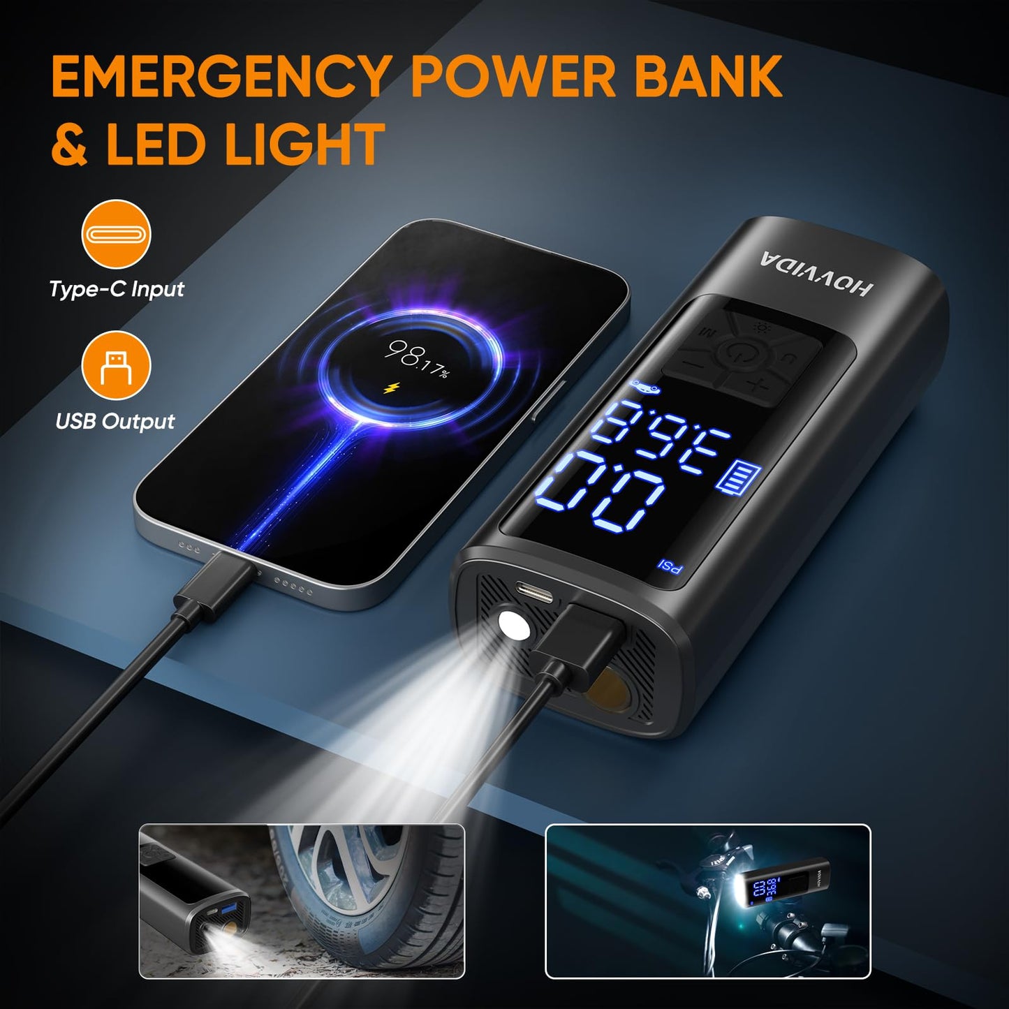 HOVVIDA Electric Air Pump Portable Bike Pump Electric Mini Tire Pump 150 PSI (10.3 Bar) 5V, Auto Shut-Off, 5200 mAh, LED, for Car, Motorcycle, Bike, Ball