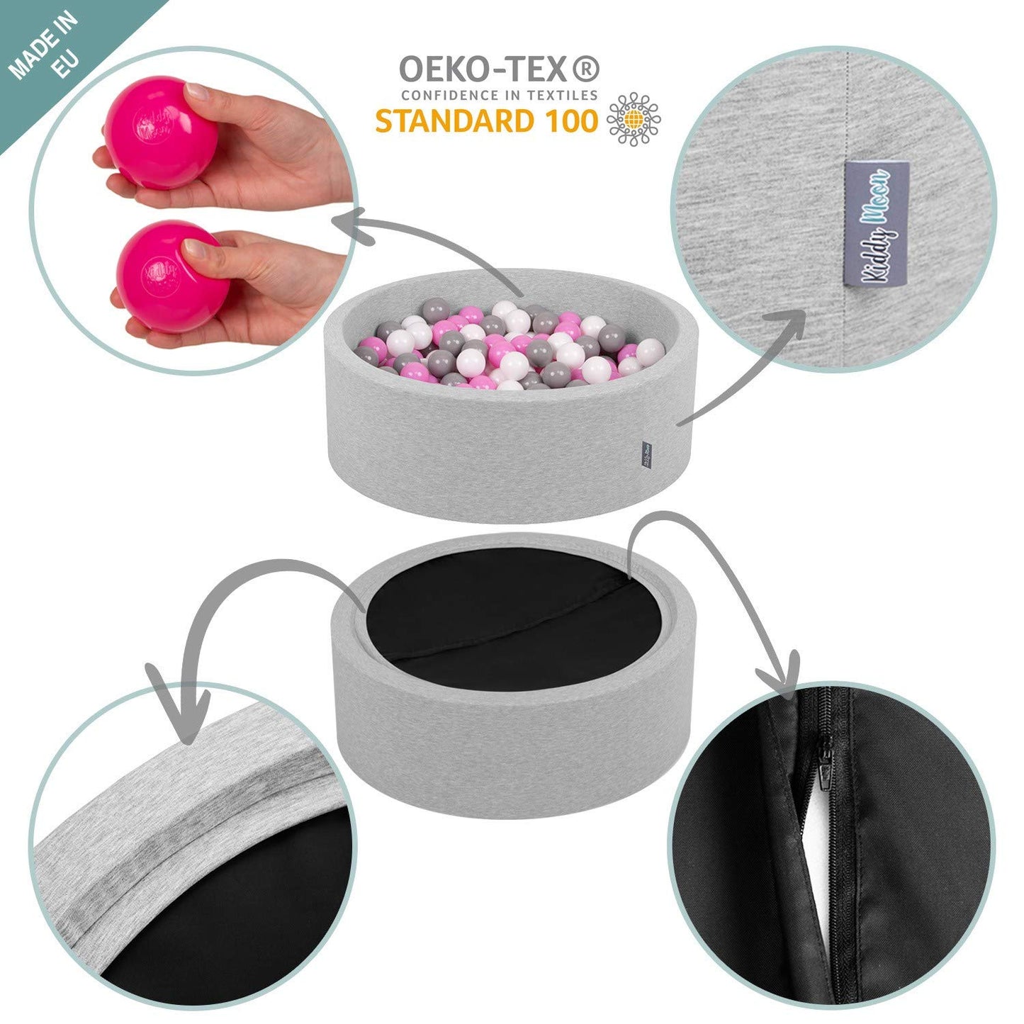 KiddyMoon ball pit 90x30cm/200 balls ⌀ 7cm ball pit with colorful balls for babies and kids round, light grey: white/grey/pink