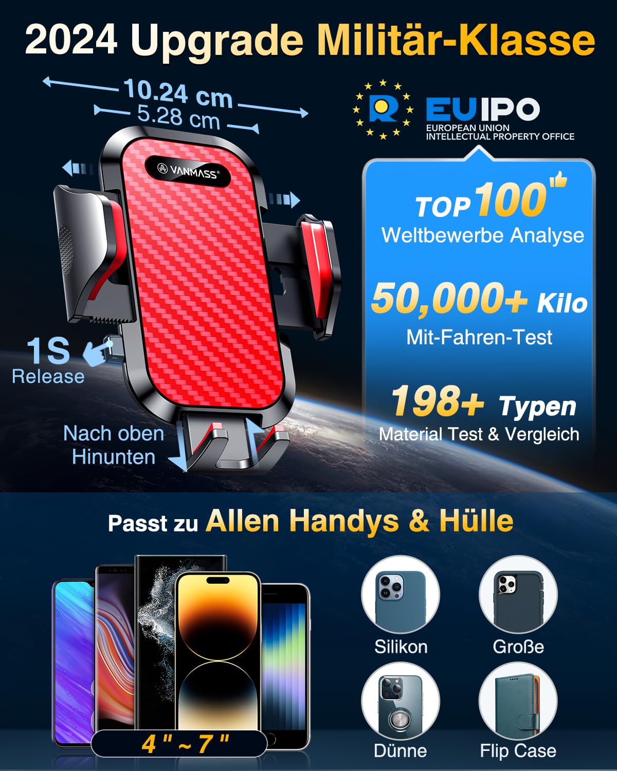 VANMASS Car Phone Holder Upgraded Adjustable Car Phone Mount Vent & Suction Cup Military Standard Smartphone Mount for iPhone 15 Samsung Huawei Mate 60 pro etc.