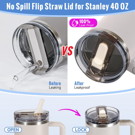 ROMANVIC Stanley Cup Lid Leak Proof, 2 Pack Removable Replacement Lids for 40oz Tumbler with 2 Straws, 1 Straw Brush and 1 Disassembly Tool, Reusable Lid Stanley Cup Seal