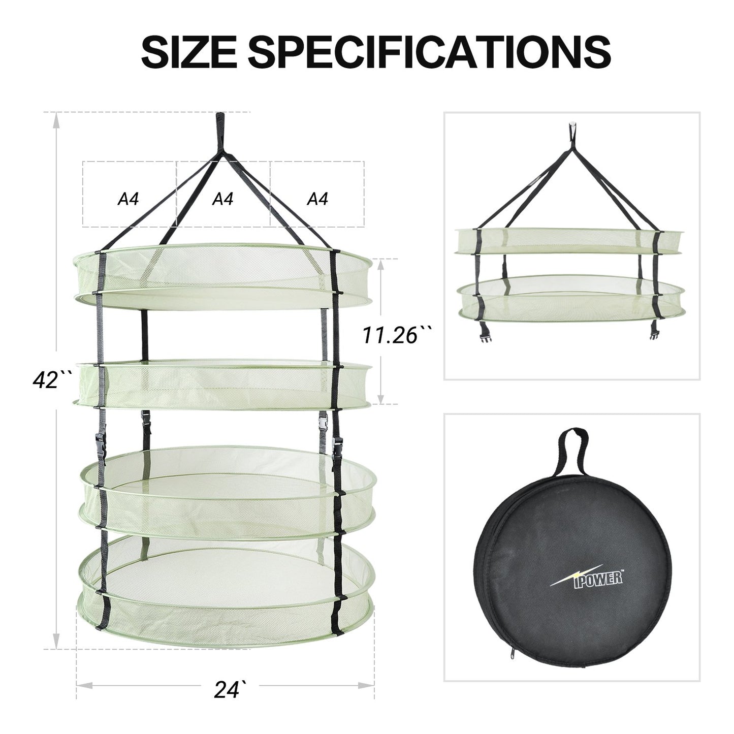 iPower Herb Drying Net, 4 layers, green mesh, with foldable heavy rings, collapsible, hydroponic plant buds, sturdy hanging net