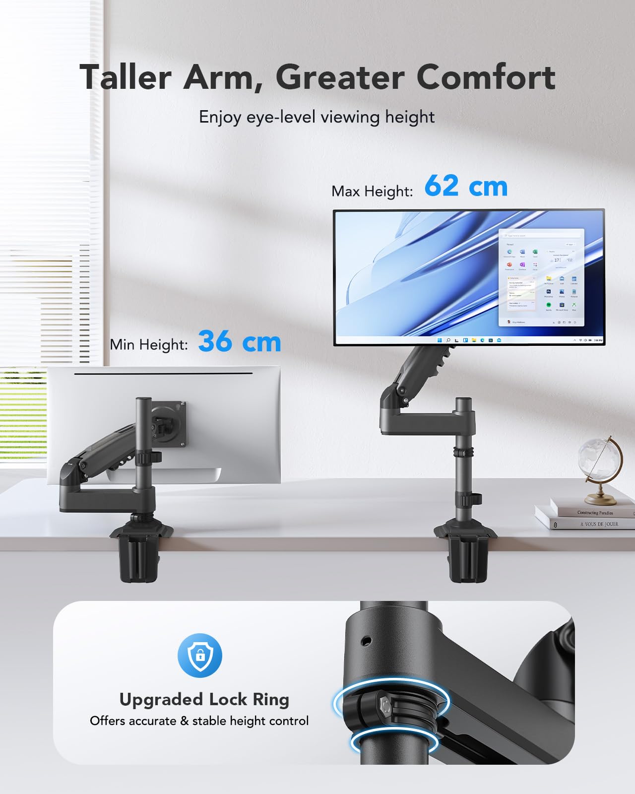 HUANUO 13-34 inch monitor mount for LCD LED screen holds 2-9 kg, gas spring monitor arm, single arm monitor stand VESA 75/100 mm, 360° rotation, 180° swivel