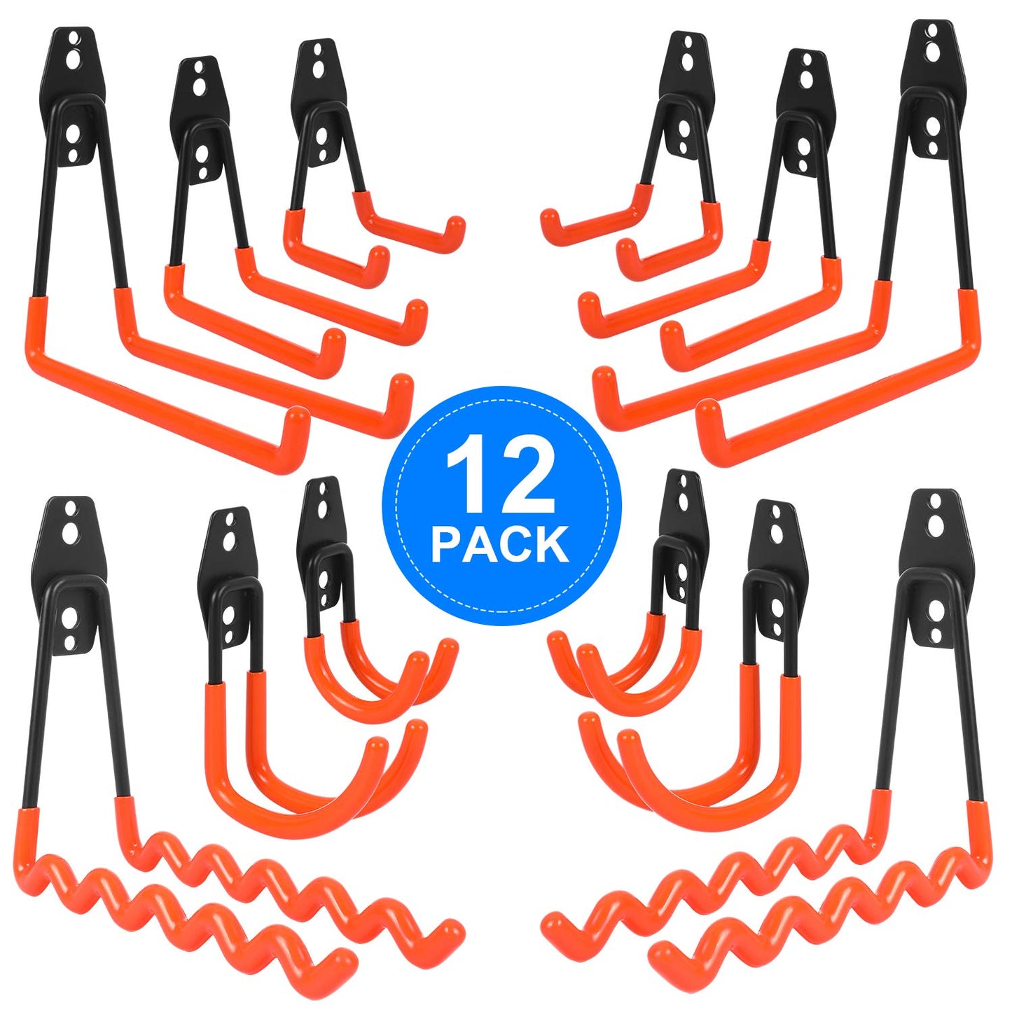 AojSup 12 Pack Wall Hooks for Garage, Heavy Duty Garage Hooks, Double Hooks for Garage, Garage Storage Hooks for Organizing Ladders, Chairs, Hose, Bikes, Power Tools Bulky Items (Orange)