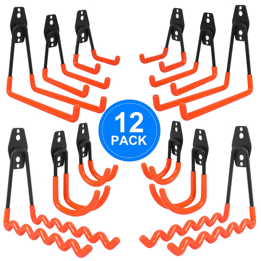 AojSup 12 Pack Wall Hooks for Garage, Heavy Duty Garage Hooks, Double Hooks for Garage, Garage Storage Hooks for Organizing Ladders, Chairs, Hose, Bikes, Power Tools Bulky Items (Orange)