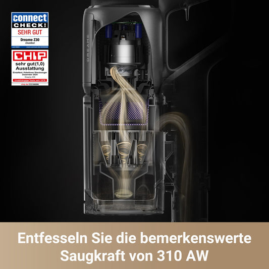 Dreame Z30 Cordless Stick Vacuum, 310 AW Suction Power, 90 min Max Cleaning Time, Dust-Reveal Technology, Pet Hair Removal Tool, Multi-Surface Cleaning Power, Dirt Detection.