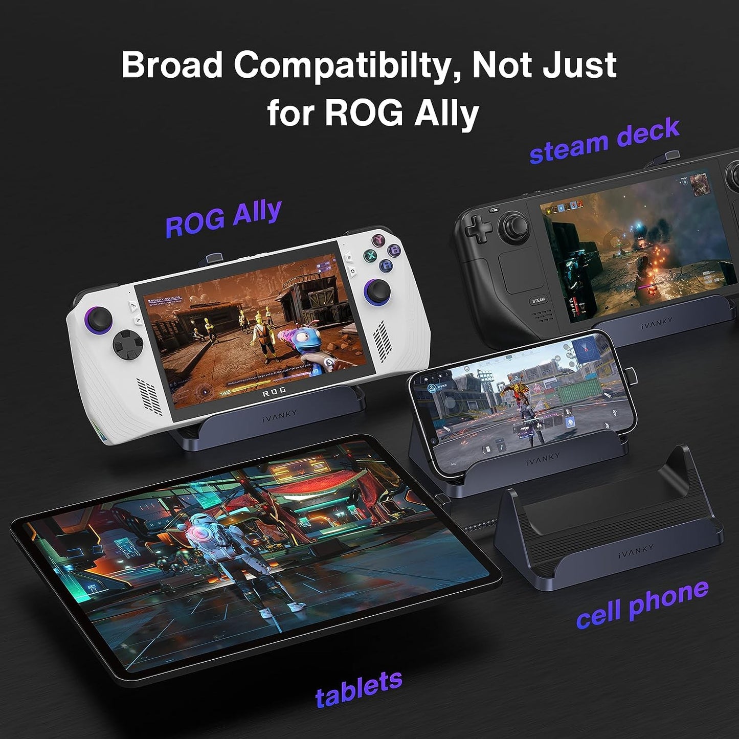 iVANKY 8-in-1 ROG Ally X Dock with HDMI 2.1 4K@144Hz, 1Gbps Ethernet, 3*USB-A 3.0, 100W USB-C charging, Docking Station compatible with ASUS ROG Alloy X/Lenovo Legion go/Valve Steam Deck OLED/MSI Claw