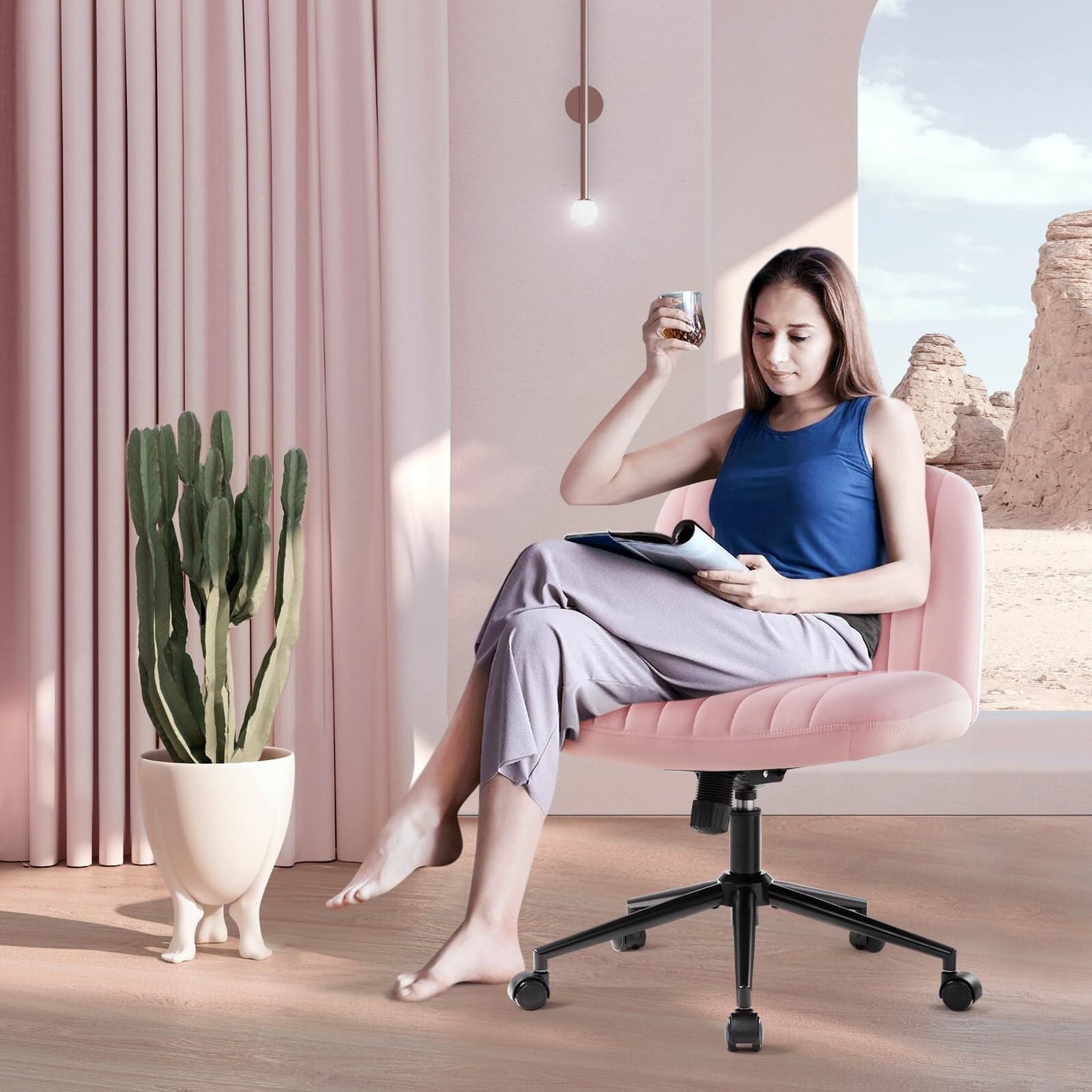 IWMH office chair without armrests, height adjustable swivel chair with wheels, desk chair with fabric upholstery, reading chair with wider cushion for sitting cross-legged (Pink with wheels).