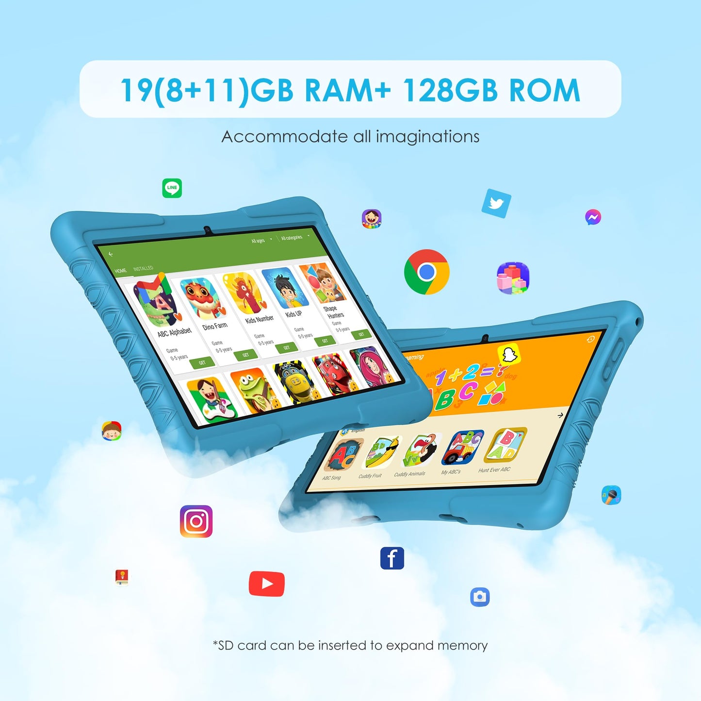 LNMBBS Kids Tablet 10 inch, Android 13 Tablet for Kids, 19GB+128GB/TF 1TB, Kids Tablet with Parental Control, 5MP+8MP, HD IPS Display, WiFi/BT/8000mAh/Google GMS, Learning Tablet with Eva Case-Blue