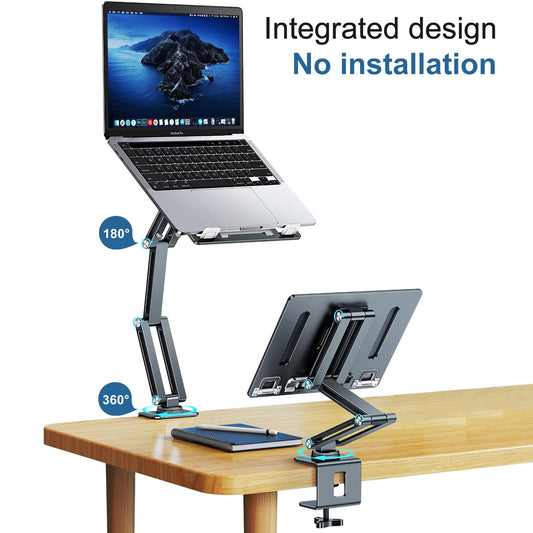 Adjustable laptop stand with 360° swivel arm, made of aluminum. Suitable for tablets and laptops from 10-16 inches. Foldable and perfect for your desk.