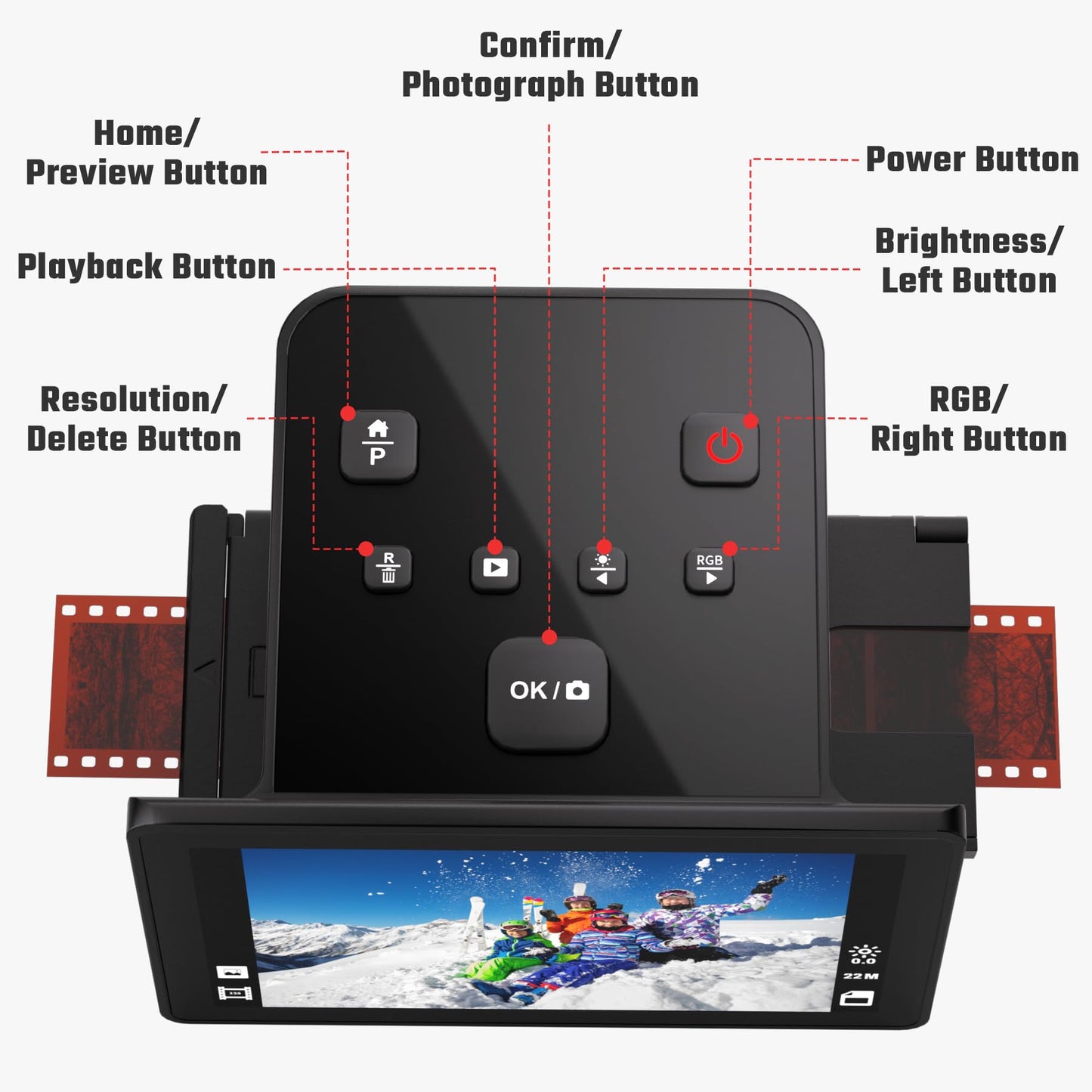 Digital film and slide scanner with large 5-inch LCD display, converts 135, 126 KPK, 110 negatives, color and black-and-white slides, and Super 8 film into 22 MP JPEG images.