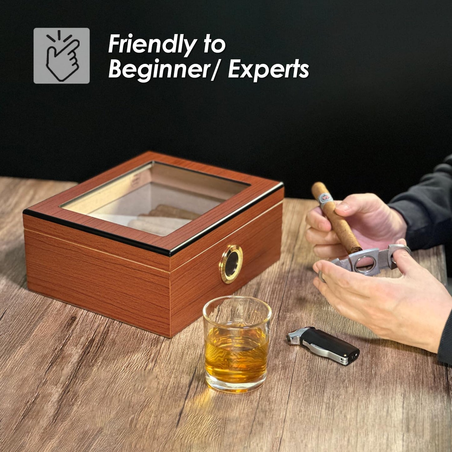 Slege Cigars Humidor, Humidor Cigars Spanish Cedar, with Digital Hygrometer, INOX Cigars Humidifier, Divider, Cuban Cigars Accessories, Gift for Men, German Manual (Brown)