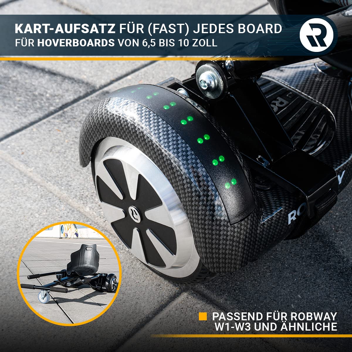 Robway Hoverkart | ๐๐๐ ๐๐๐๐๐๐๐๐ ยฎ - W1 W2 W3 & universal for 6.5" / 8" / 10" Boards - Hoverboard Seat - Hoverseat - Hovercart Seat - Rubber tires - Kids & Adults (Black)