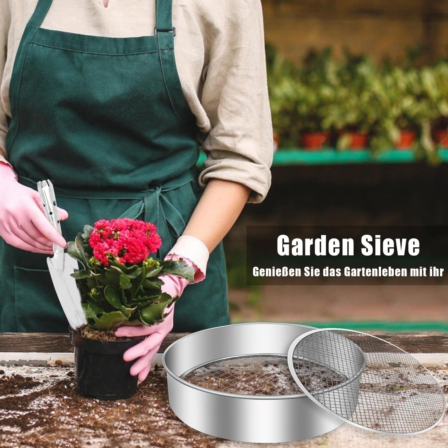 Jazlyvex 30 cm garden sieve with 5 interchangeable, stainless steel compost sieves for sifting soil, compost, and sand, includes a garden shovel.