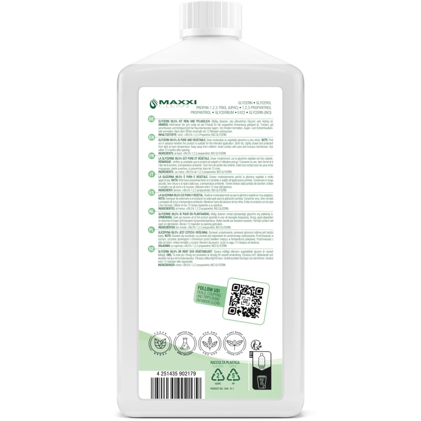 Maxxi Clean | 3x 700 ml Glycerin 99.5% | purely plant-based & nourishing for cosmetics and DIY projects | E422 Glycerol in pharmaceutical grade | Made in Germany | suitable for skincare.