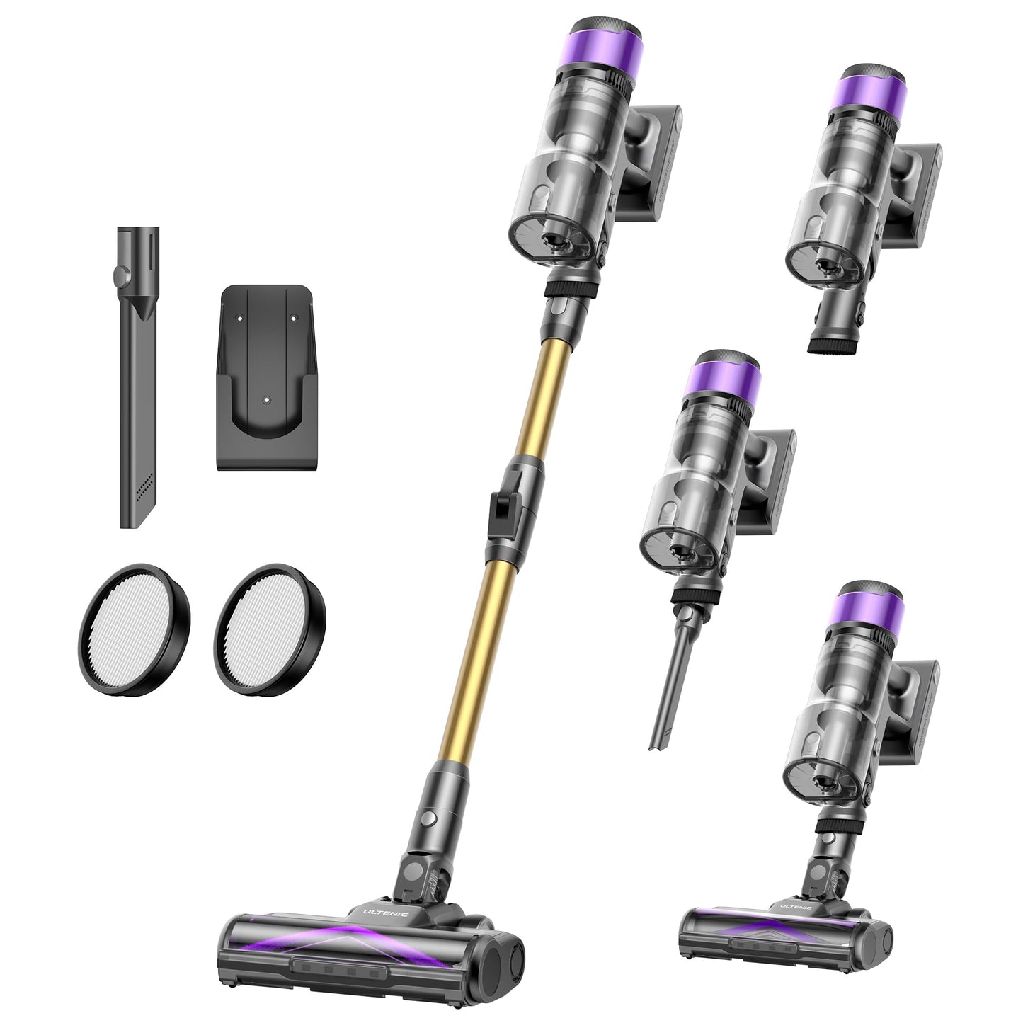 Ultenic Wireless Vacuum 55000Pa 60Min, Self-standing with Anti-Tangle Floor Brush, Green Eye Technology, LED Display, Quiet Battery Handheld Vacuum for Hard Floors & Carpets, Purple.