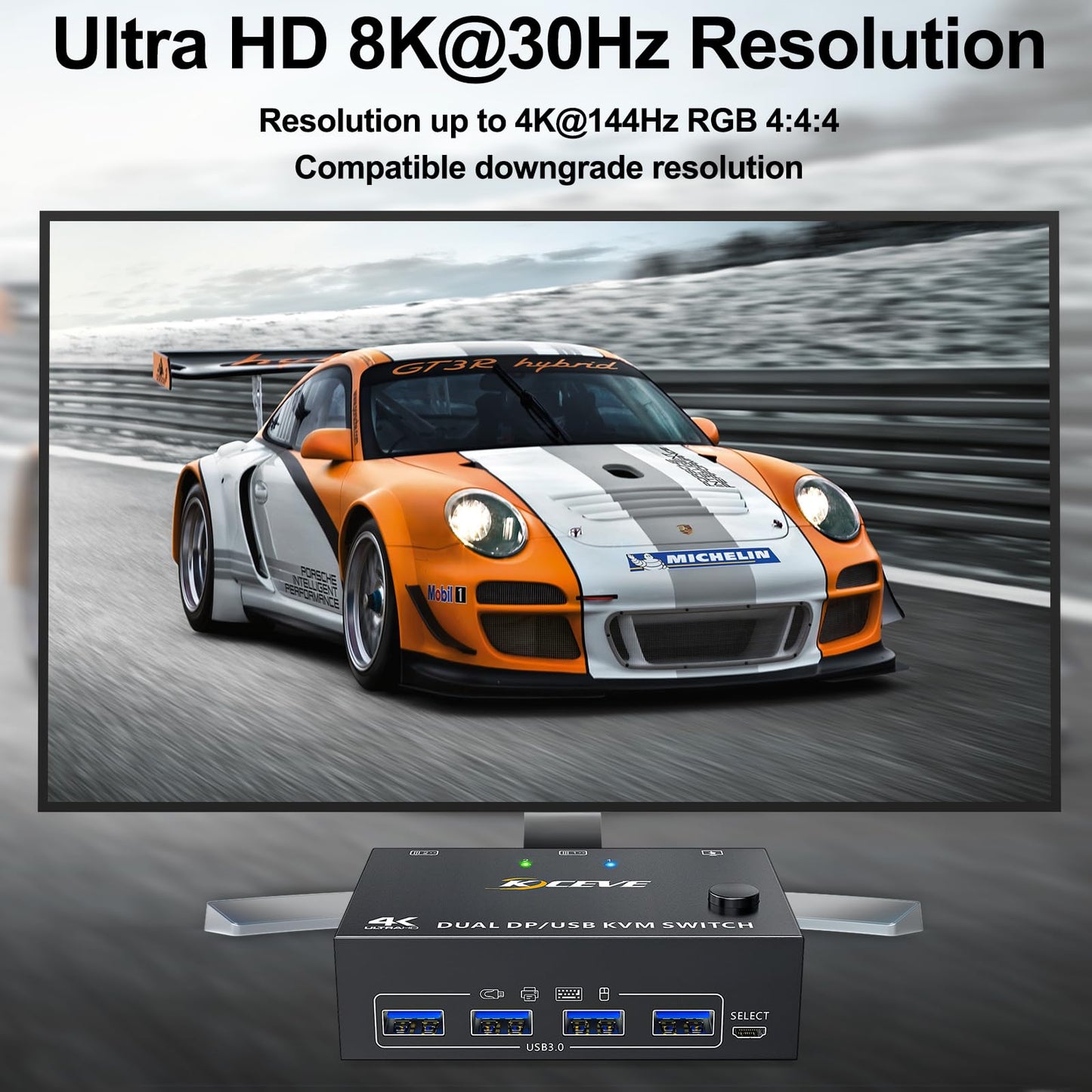 8K@30Hz KVM switch for 2 PCs and 2 monitors, 4K@144Hz dual monitor KVM switch with DisplayPort for 2 PCs, 2 monitors, and 4 USB 3.0 devices, includes DP+USB cable and desktop controller.