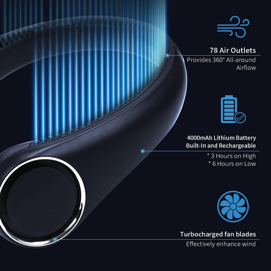 Venforze Portable Rechargeable 4000mAh Neck Fan Lazy Wearable Fan, Quiet 3 Speeds, 6 Hours Runtime, Suitable for Office, Travel, Sports