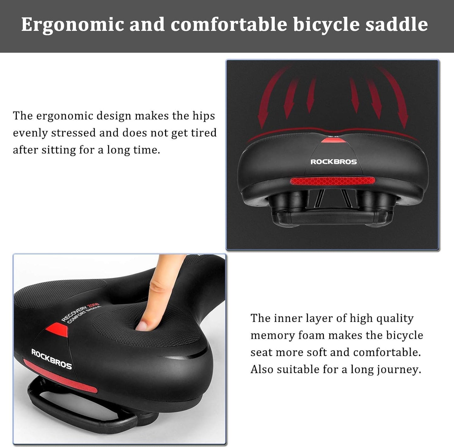 ROCKBROS Bike Saddle Comfortable Gel Seat Men Women Ergonomic Wide Bicycle Seat Soft Memory Foam MTB Road Bike 26*22cm Breathable Waterproof, Black