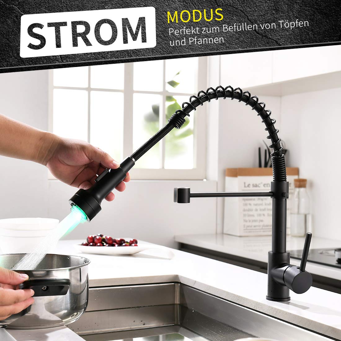 QD LED kitchen faucet kitchen tap sink tap mixer tap kitchen 360° rotating tap spring arm faucet black