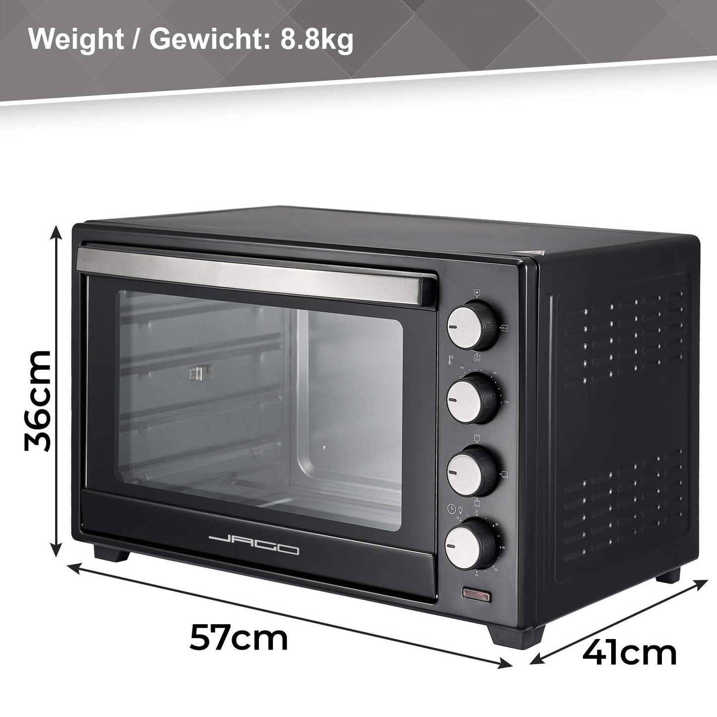 Jago® Mini Oven - with convection, rotisserie, interior light, Electric, 48L, 6 cooking modes, 2000W, Timer, 100-230 °, double glazing, Black - Mini Oven, Mini Electric Oven, Oven, Grill-Oven