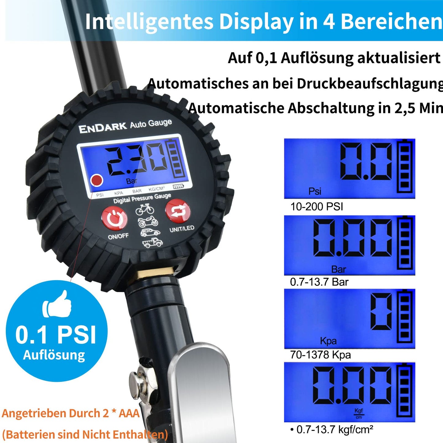Digital tire inflator gauge air pressure tire pressure gauge - ENDARK air pressure gauge digital tire pressure meter & gauge 200 Psi tire pressure filling device for car, bicycle, truck, motorcycle