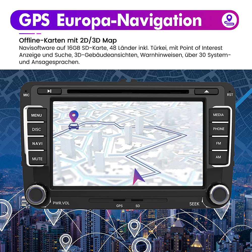 AWESAFE Radio for VW Golf 5 Golf 6, 2DIN car radio with Mirrorlink, 7 inch touchscreen monitor, SD, USB, CD DVD, and Bluetooth.