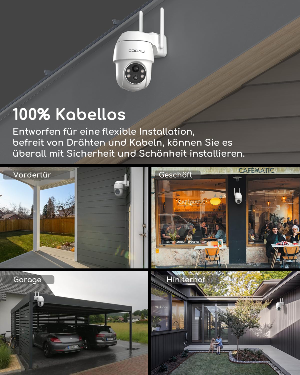 COOAU 2K outdoor battery-powered security camera, 355°/90° rotatable, wireless WLAN IP camera with color night vision, person/motion detection, IP66 waterproof, cloud storage.