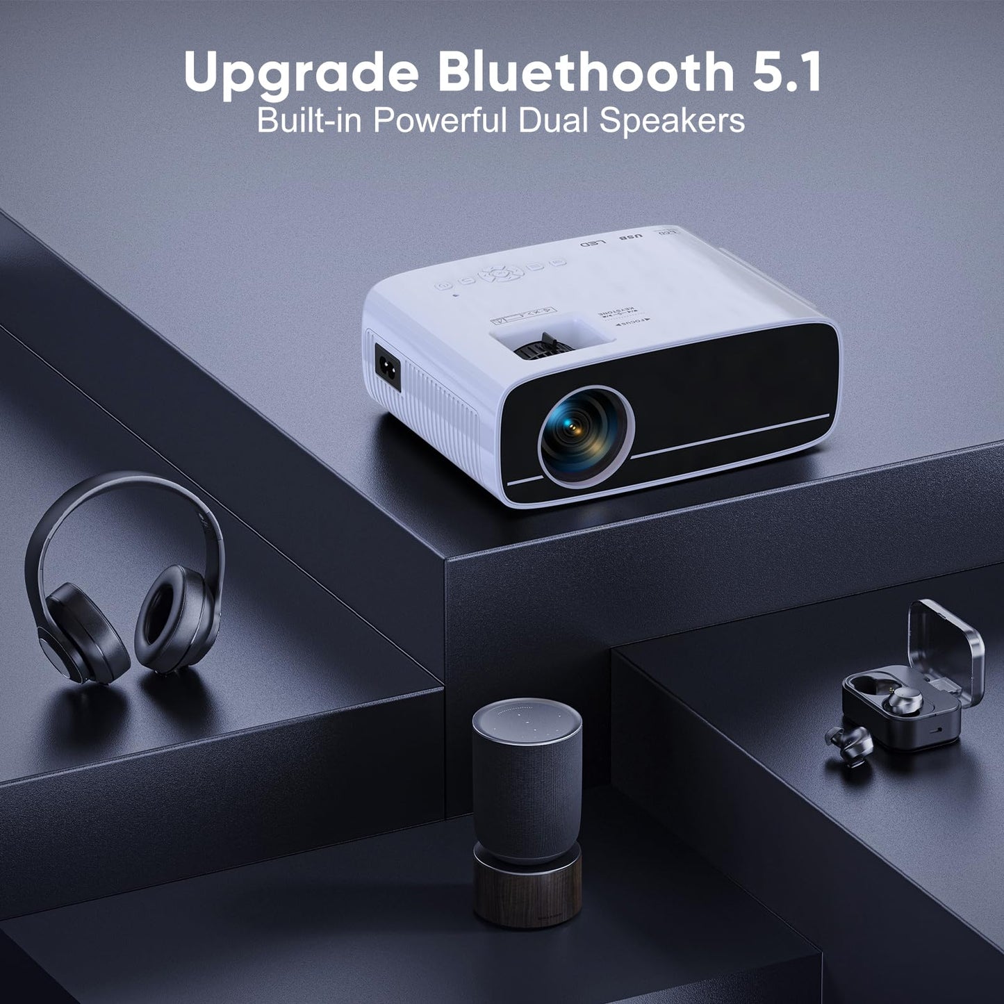 4K supported projector with 15000 lumens, native 1080P resolution, 5G WiFi, Bluetooth, 50% zoom. AKATUO mini projector for home theater and outdoor use, compatible with smartphones, HDMI, USB, laptops, and Fire TV Stick.