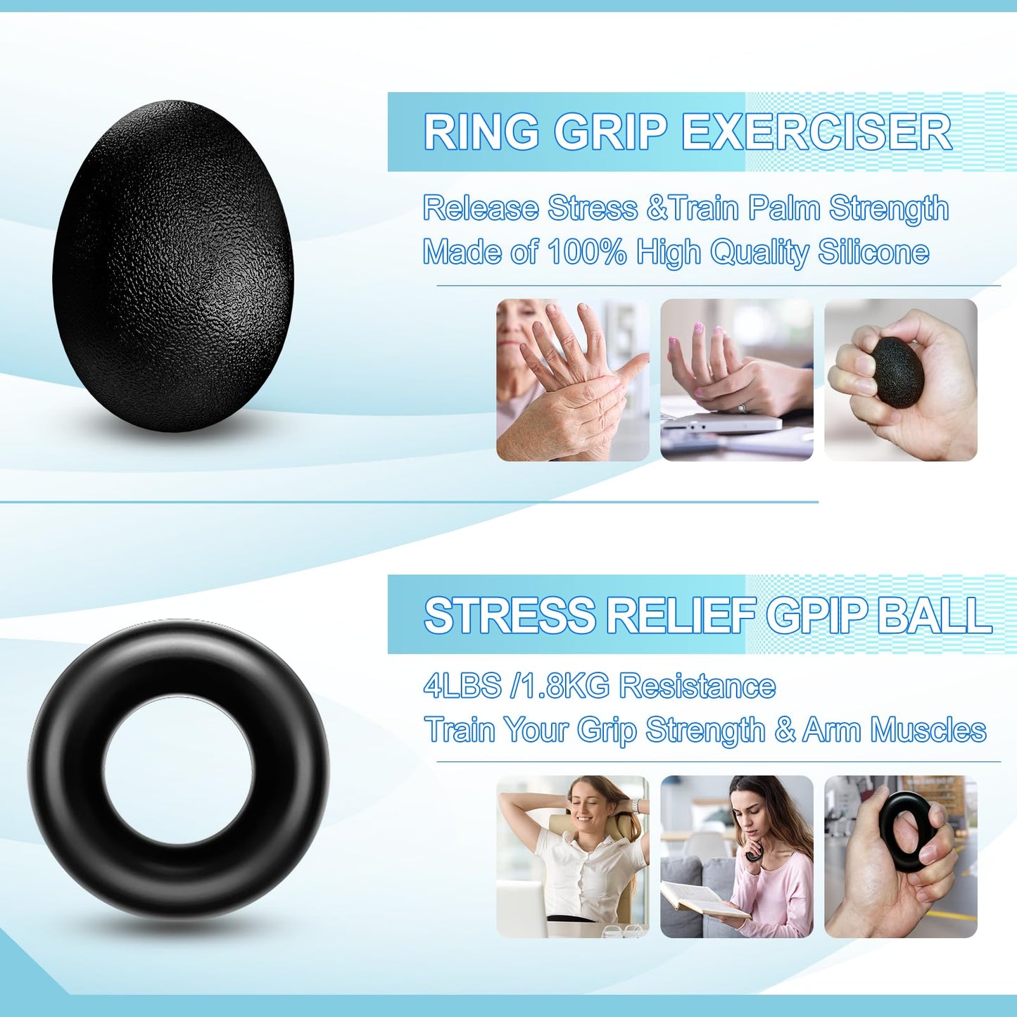 ALMAH Hand Trainer training set (5-pack), finger trainer grip strength trainer set, 2 adjustable resistance forearm trainers, finger stretcher, training ring & stress relief grip ball with carrying bag.