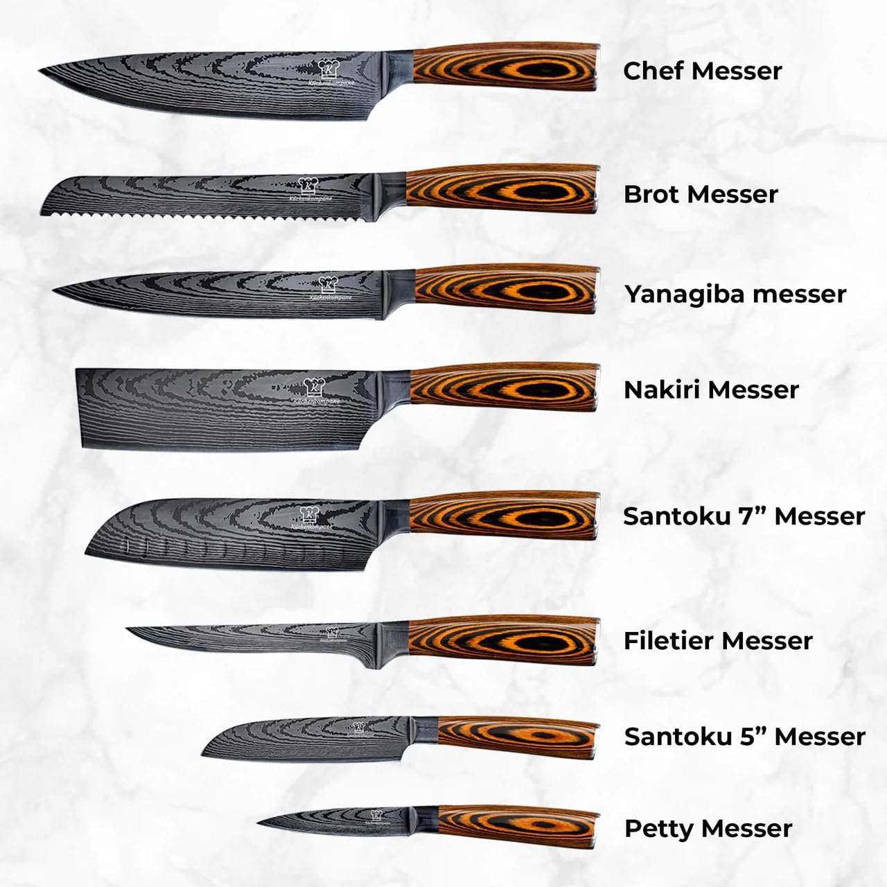 Kitchen companion - 8-piece stainless steel kitchen knife set in damask design with ergonomic Pakka wood handle and gift box - Sharp, durable knives for precise cutting - Designed in Germany.