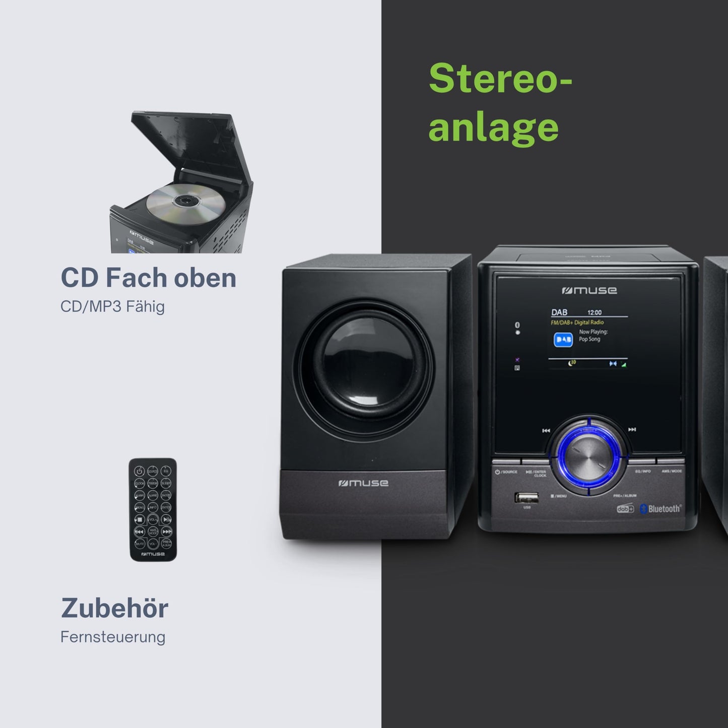 Muse stereo system, compact system with CD player & DAB radio, mini stereo system with 2 speakers, music system with FM/DAB/DAB+ digital radio, Bluetooth & AUX, MP3 & Spotify, compact music system.