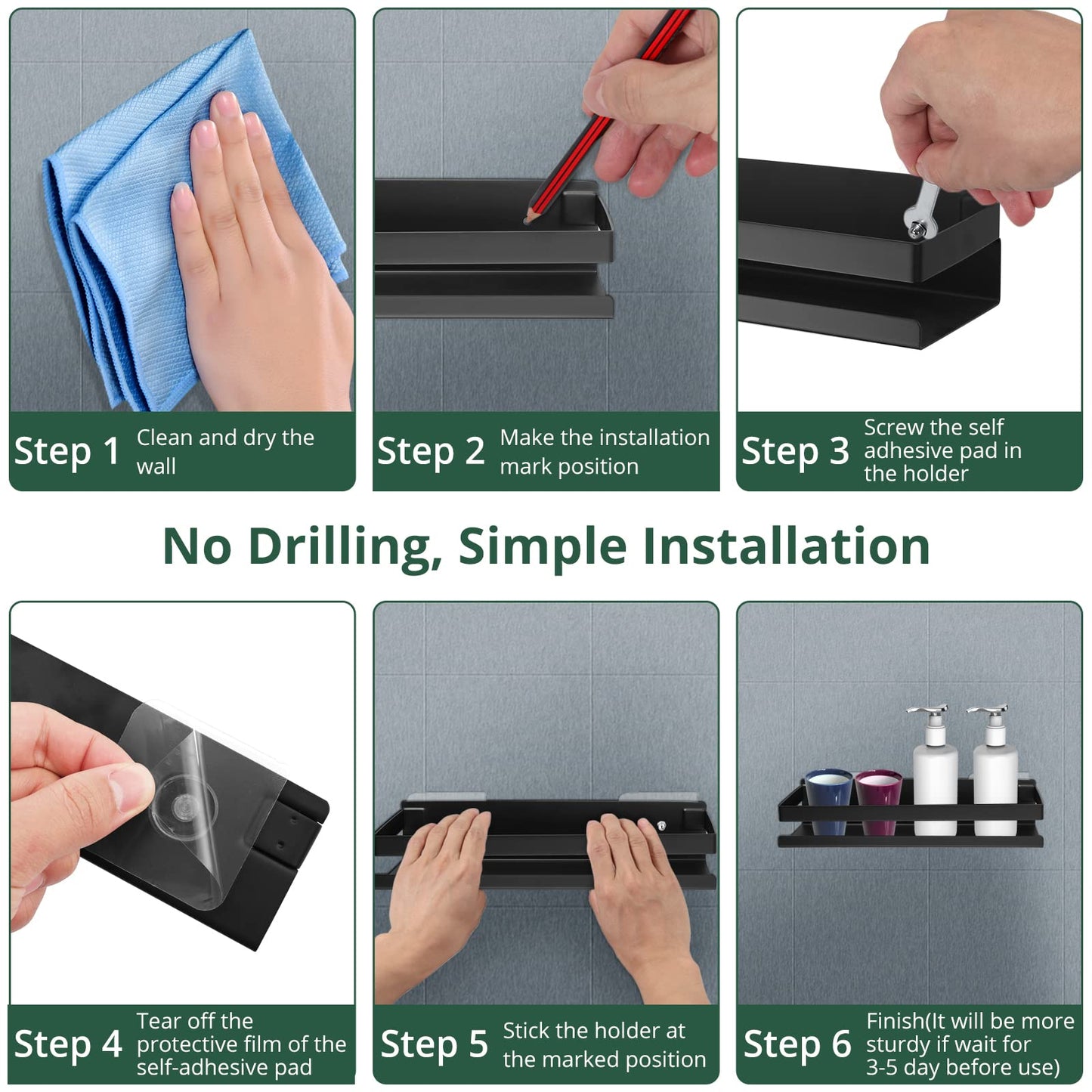 JiGiU shower shelf without drilling, 2 pieces stainless steel bathroom organizer, self-adhesive or drill, black shower caddy with large capacity for bathroom kitchen.
