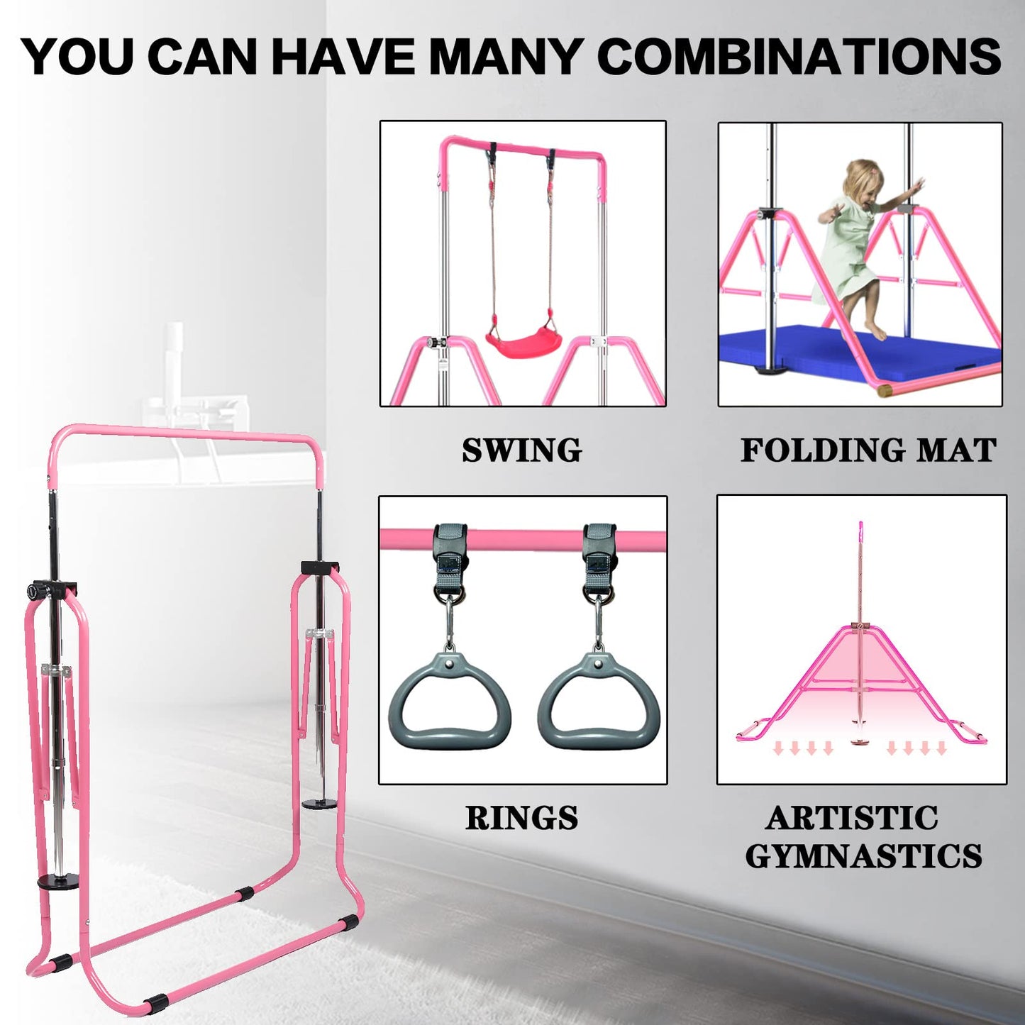 FINGER TEN Gymnastics Horizontal Kip Bar for Kids, Foldable 4 Height Adjustable Training Bars for Indoor/Outdoor Home Gymnastics (Pink)