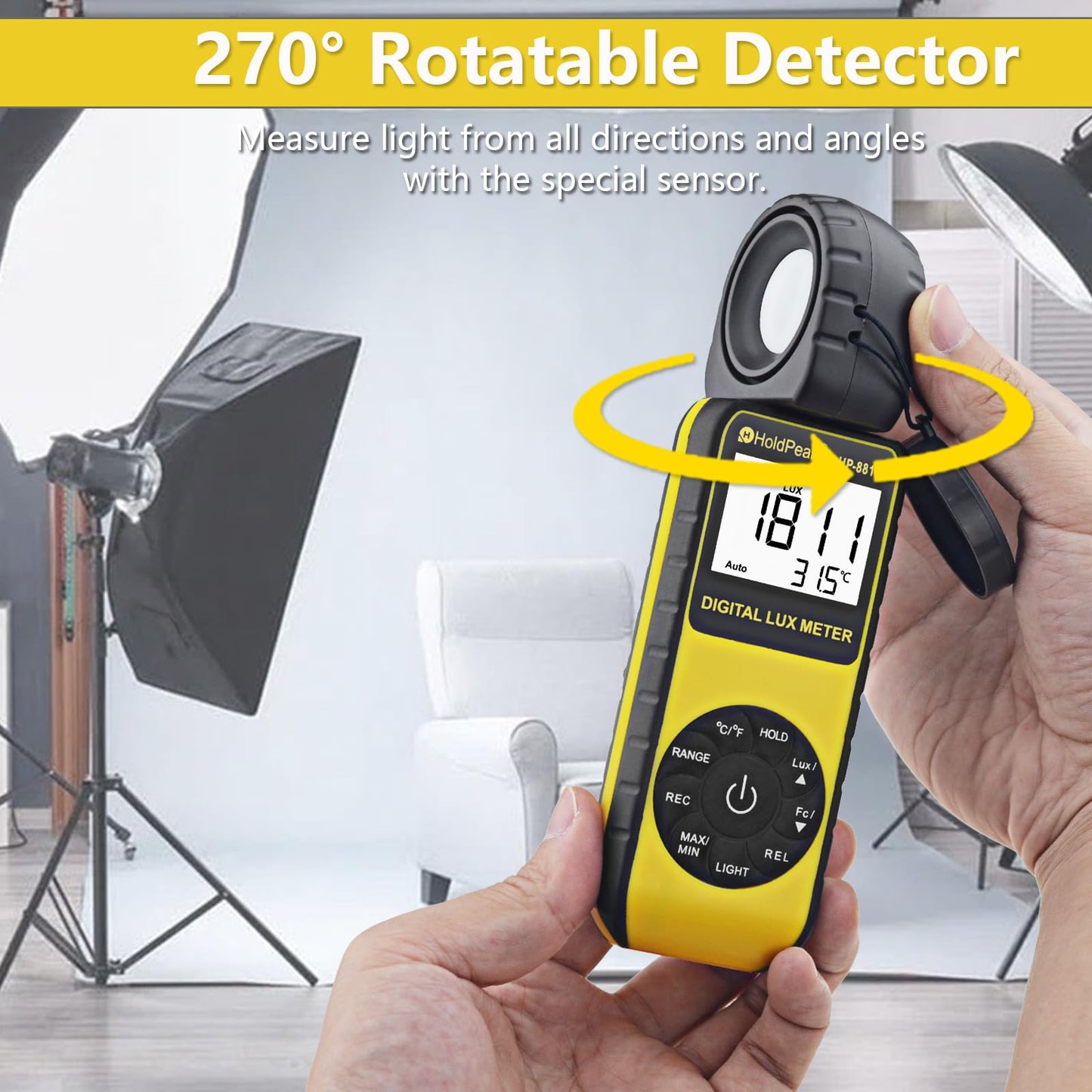 Digital light meter HoldPeak 881D 0.01~400,000 Lux, Lux meter 270° rotatable probe with data storage, Lux light meter for plants/LED lights/digital photography.