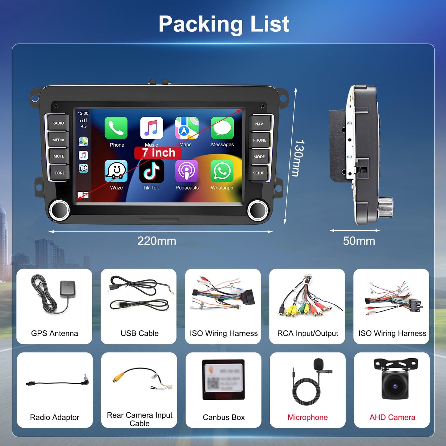 Podofo 2+64G car radio for VW Golf 5 6 Polo Seat Skoda with Wireless Carplay Android Auto, 7-inch Android 13 car radio with screen, Bluetooth, WLAN, GPS, RDS + rearview camera & microphone