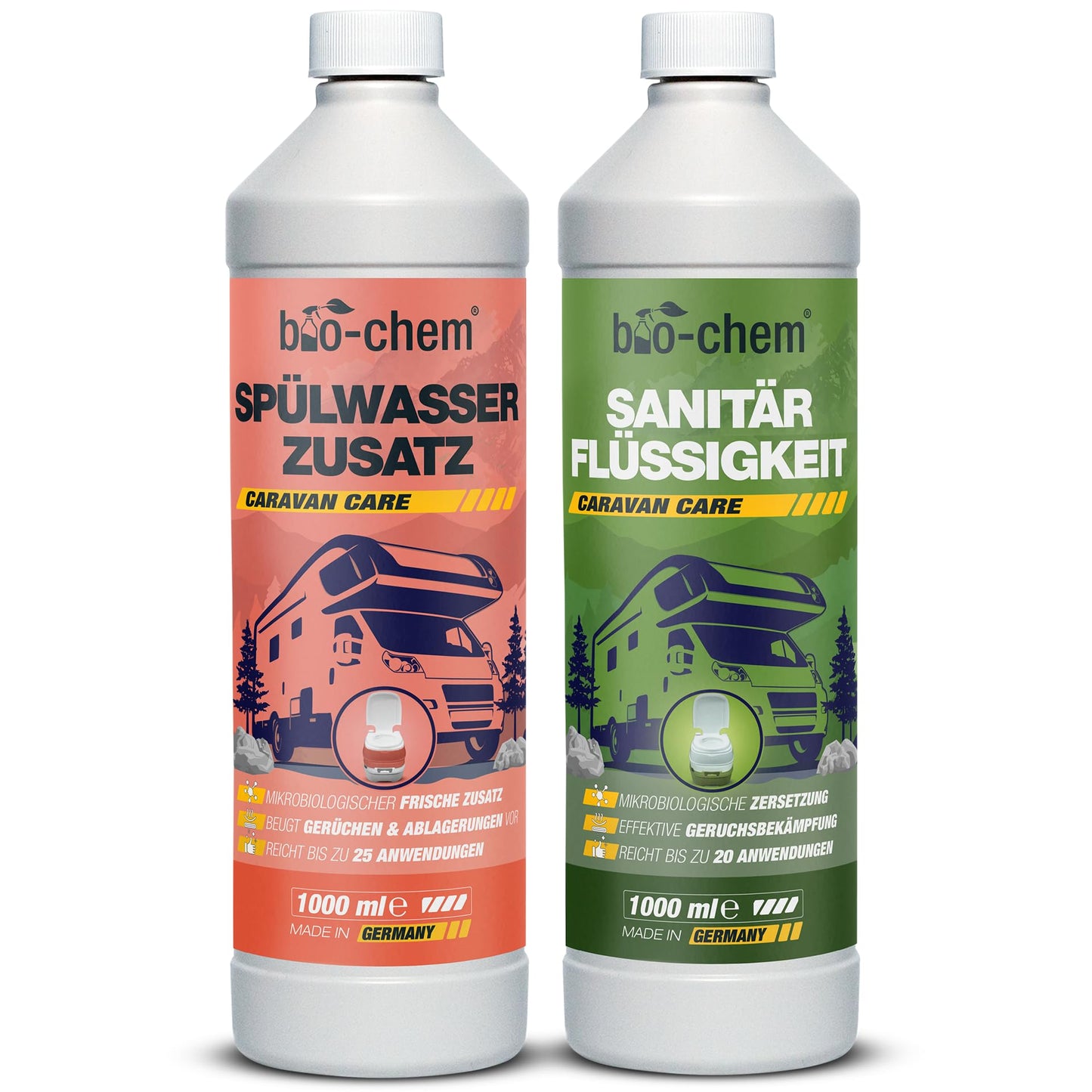 Bio-chem camping toilet additives: Microbiological sanitation liquid 1L + flushing water additive 1L including dosing cup - Sanitation additive for camping toilet, portable toilet, chemical toilet - Made in GER.