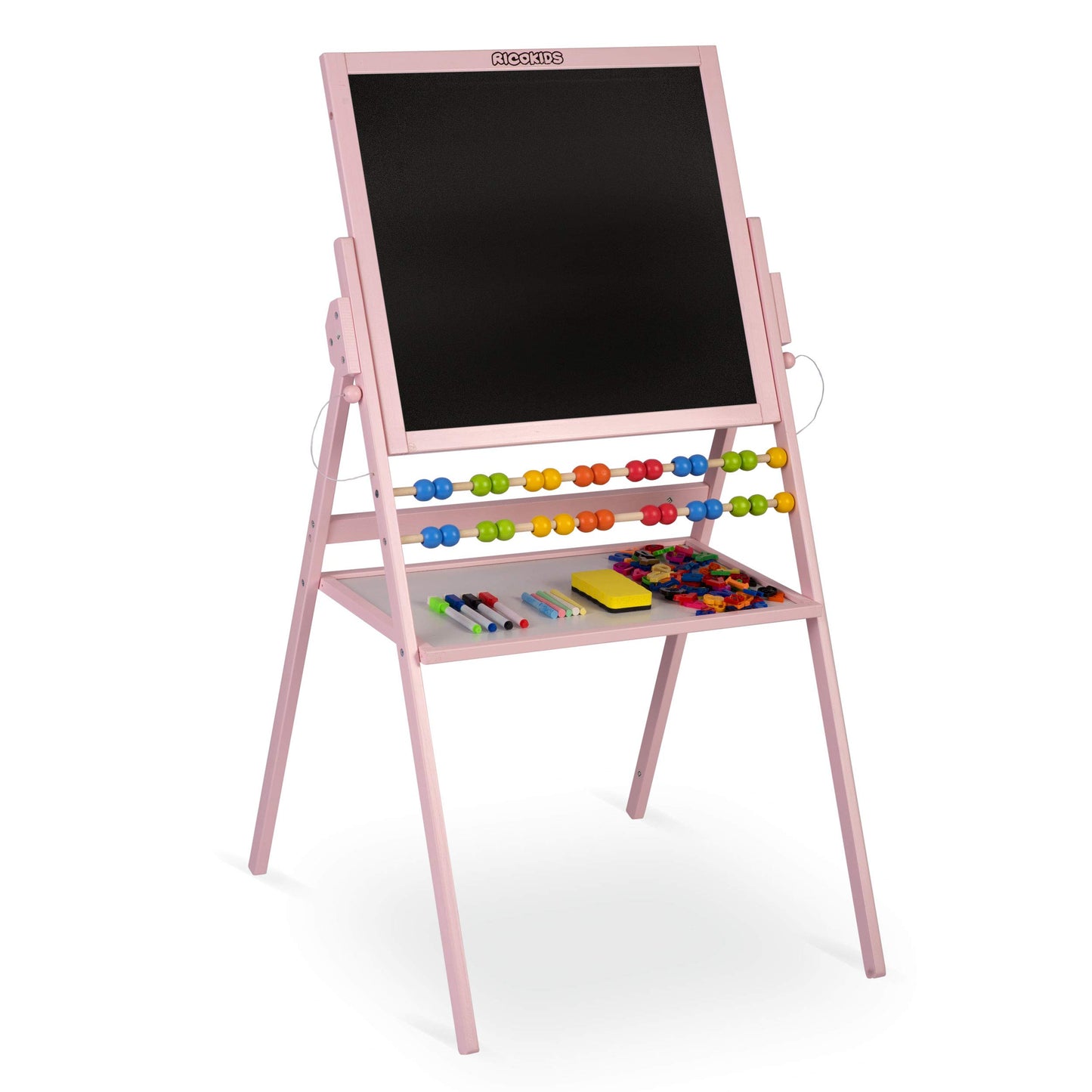 Children's magnetic whiteboard and chalkboard with wooden easel, Ricokids (pink)