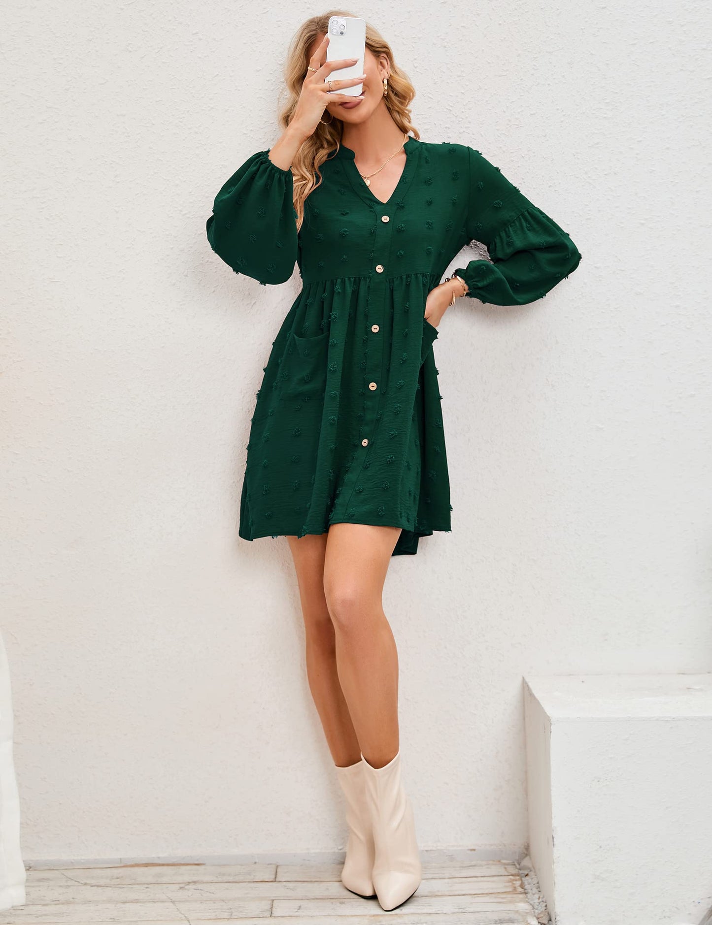 KOJOOIN Women's Tunic Dress Long Sleeve Swing Dress Short V-Neck Button Down Shirt Dress Swiss Dot Casual Mini Dress Leisure Dress with Pockets (Packaging MULTIPLE), A-Dark Green, S