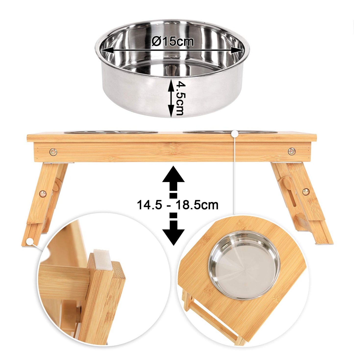 Lionto adjustable dog bowl made of durable bamboo, 45x23 cm, height 14.5-18.5 cm, double feeding bowl for dogs & cats, 2 dishwasher-safe stainless steel bowls with a capacity of 15 cm in diameter and 700ml each.
