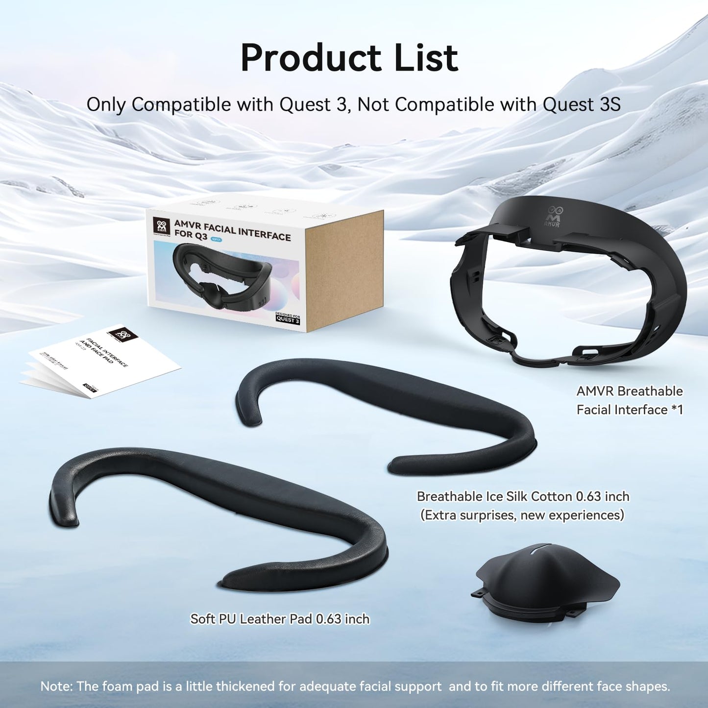 AMVR Face Cover Pad Facial Interface is compatible with Meta/Oculus Quest 3 accessories, featuring a soft PU face cushion pad replacement and Ice Silk Cotton material. Not compatible with Meta Quest 3S.