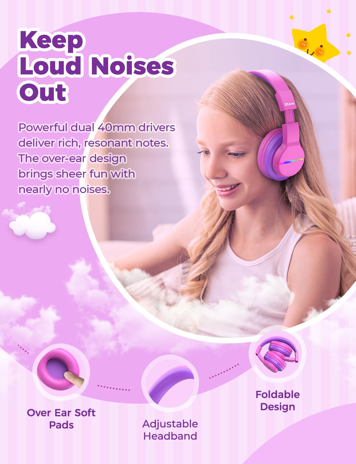 iClever Bluetooth Kids Headphones, Colorful LED Lights, Over-Ear Children's Headphones with 74/85dBA Volume Limit, 85 Hours of Playtime, Bluetooth 5.2, Built-in Microphone BTH12