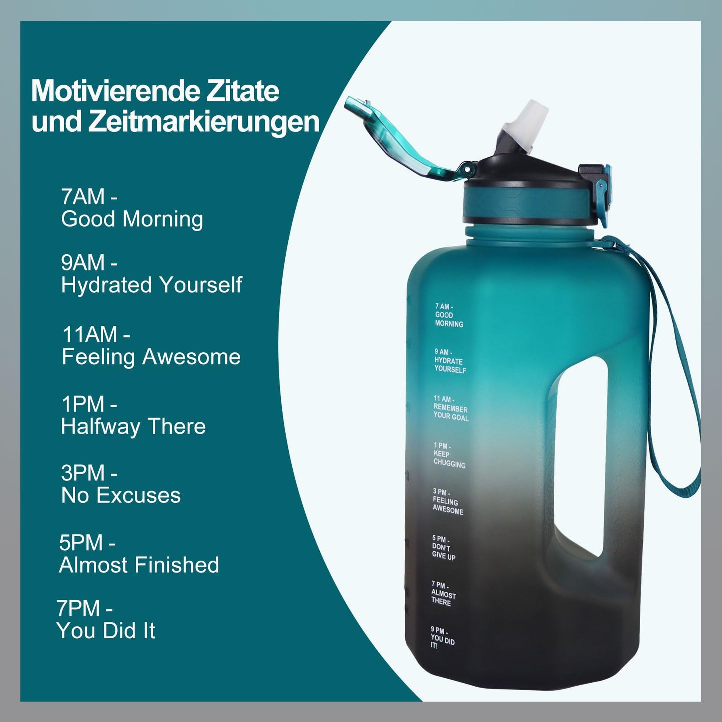 GLEKGLEK Large Water Bottle 2.2 Liters, Sports Bottle Gym with Time Markings for Work Exercise Camping (Green Black)