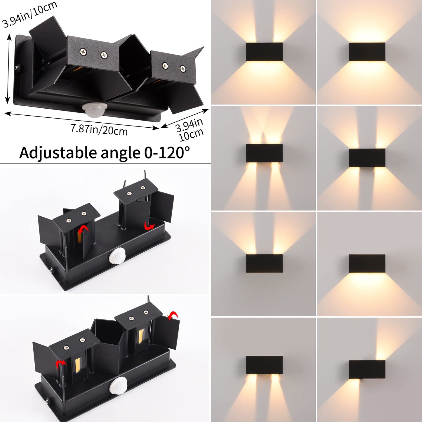 LED wall light for indoor/outdoor use with motion sensor, 24W wall lamp, IP65 waterproof outdoor wall light 3000K warm white wall lighting, outdoor light with adjustable up-down beam angle, black 2 pieces.