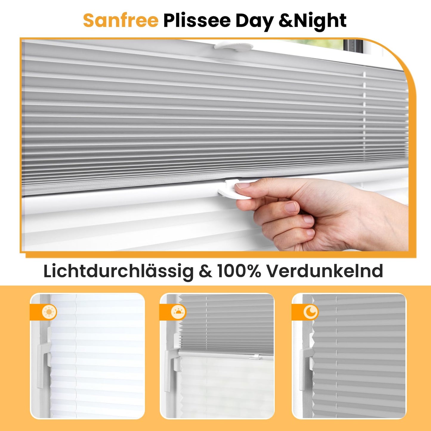Sanfree Day Night Pleated Shade without drilling Darkening Clamp Fix Pleated Shades White-Grey 65x90cm (WxH) Darkening pleated shade Thermo Pleated Shades Clamp Roller Blinds 100% Blackout Roller Blinds for Windows & Doors