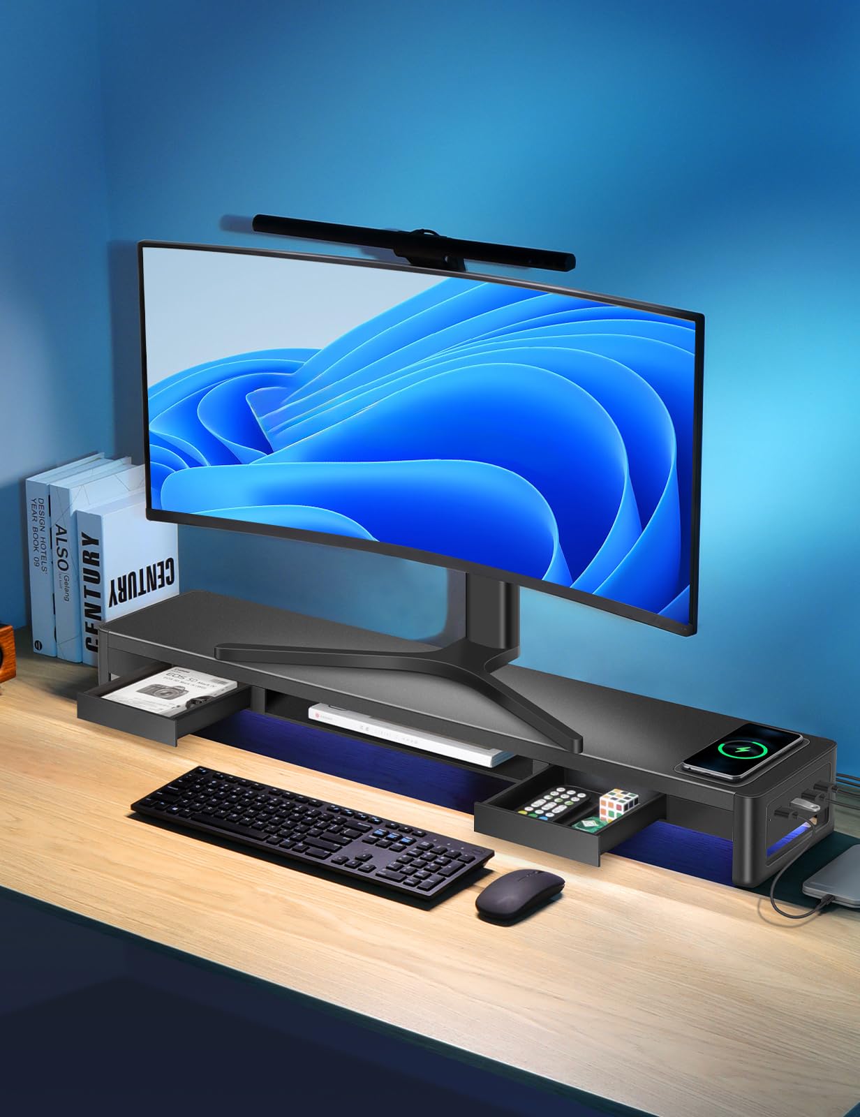 Meantty 3-in-1 Dual Monitor Riser with 2 drawers, wireless charging pad & 4 USB ports - metal screen stand for computer, laptop & accessories, supports charging & data transfer.