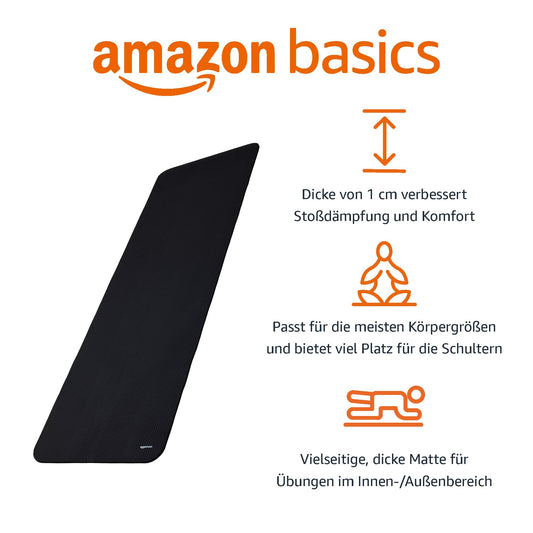 Amazon Basics Yoga Mat, non-slip, extra thick, Pilates-Gymnastics mat, 183 x 61 x 1 cm, Black.
