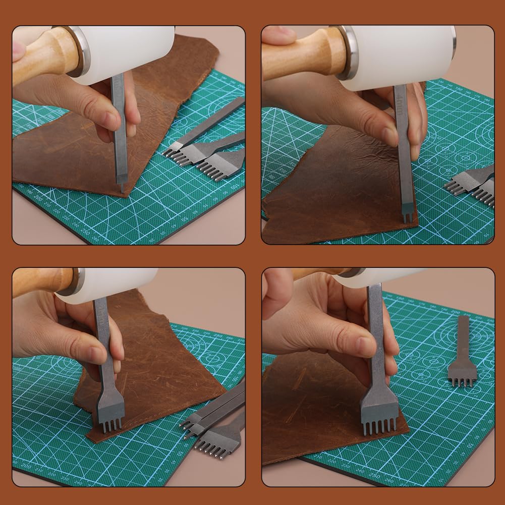 Wamkon leather crafting tools leather crafting sets leather sewing tools with storage bag cutting mat stamping tool pricking iron stitching groove for DIY sewing cutting and stitching.
