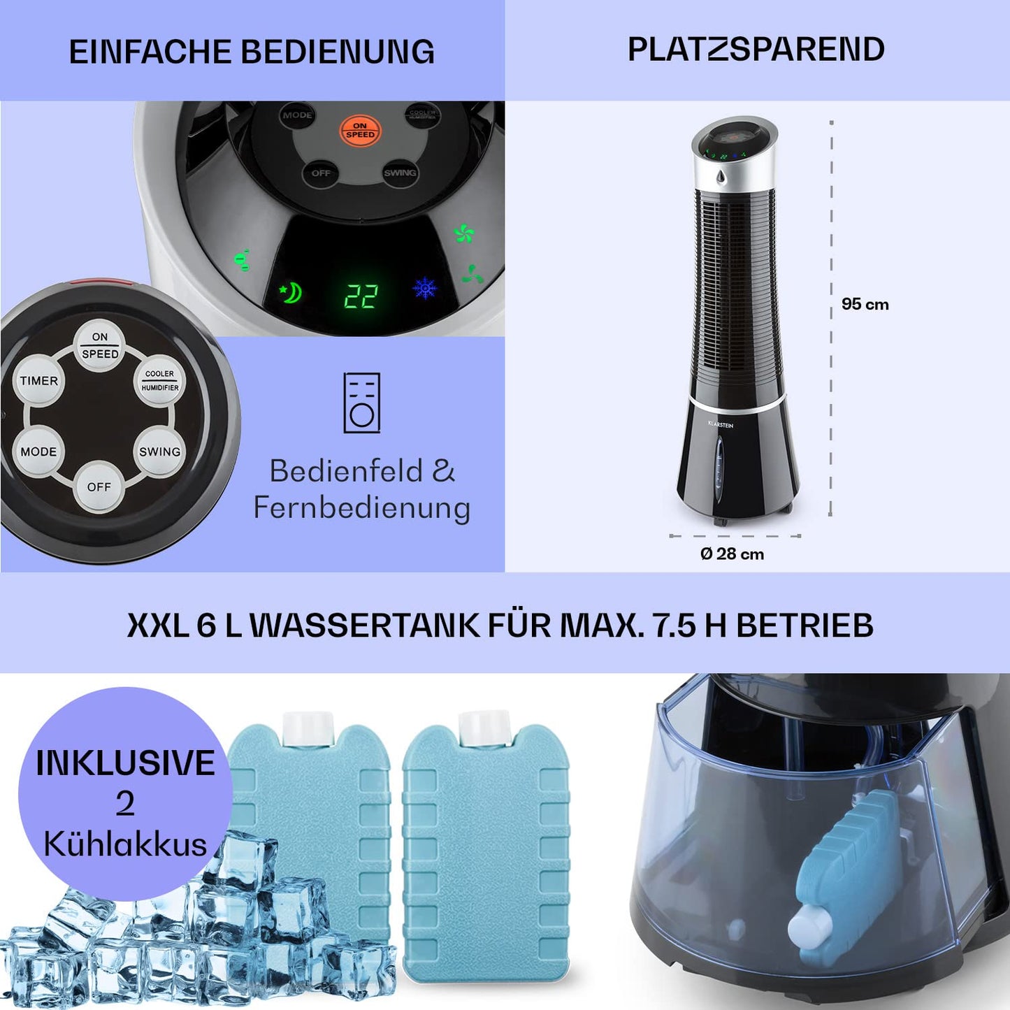 Klarstein air cooler with water cooling, 5-in-1 evaporative cooler, humidifier, fan, air purifier & night mode, portable air conditioning unit air cooler 6L, 45 watt air cooler, 180 m³/h airflow